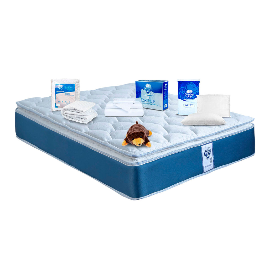 Colchón Cota + 2 Pack Almohadas Peach Feel + Sabanas + Protector Impermeable + Oso Almohada